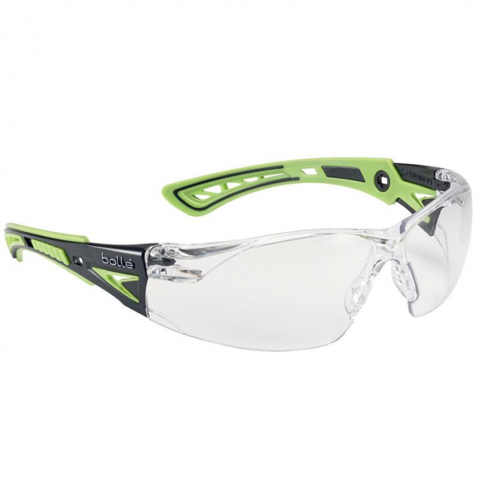 Bolle RUSH+ Clear Platinum Coated Safety Glasses [Green Arms]