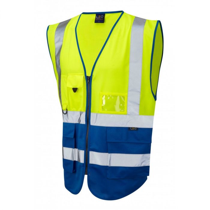 Leo Workwear Lynton ISO 20471 Class 1 Yellow and Blue Waistcoat