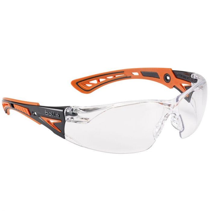 Bolle RUSH+ Clear Platinum Coated Safety Glasses [Orange Arms]