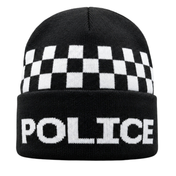 Police Knitted Beanie Hat with Woven Chequer Band